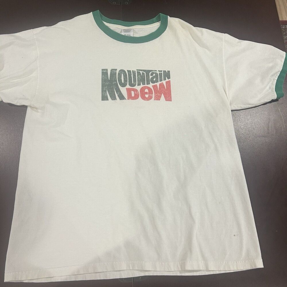 VTG Y2K Mountain Dew Ringer T-Shirt XL White/Green Anvil Logo Tee Retro Promo